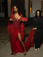 Burgundy Mermaid Prom Dress with V Neck Strapless Sheath Gem High Split