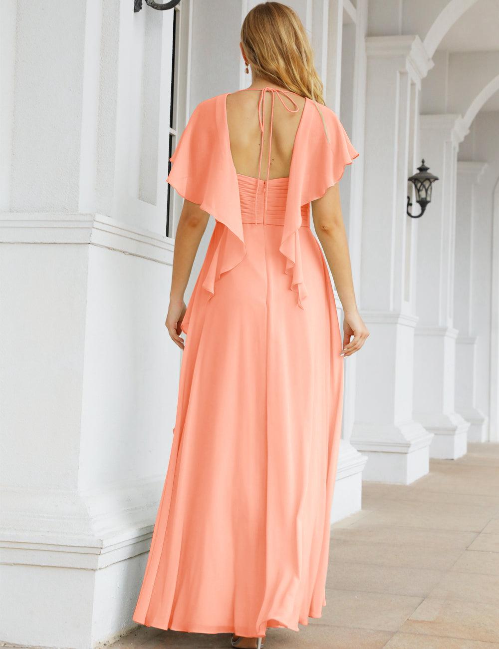 فساتين وصيفات الشرف من الشيفون فساتين سهرة طويلة رسمية فستان أم العروس بأكمام مرفرفة     SEA28040