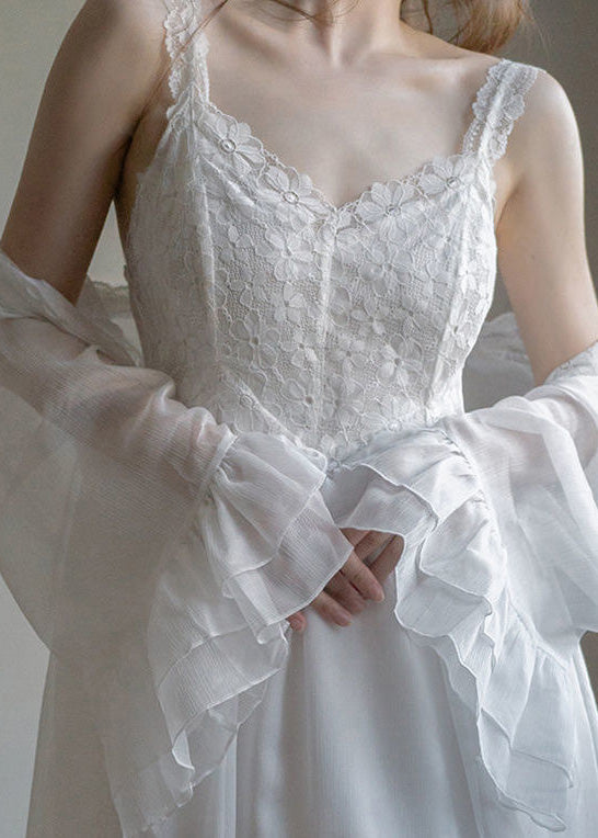 Conjunto de dos piezas de cárdigan y vestido lencero de gasa con cuello en V blanco bordado con flores para verano 