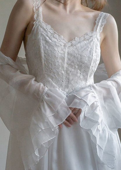 Conjunto de dos piezas de cárdigan y vestido lencero de gasa con cuello en V blanco bordado con flores para verano 