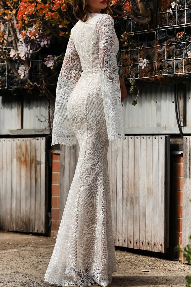 Sexy formelle Abendkleider aus massiver Spitze mit Reißverschluss und V-Ausschnitt 