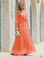 Abito da Damigella Donna Manica Lunga Scollatura a V Chiffon Abito da Cerimonia Matrimonio Festa 28018