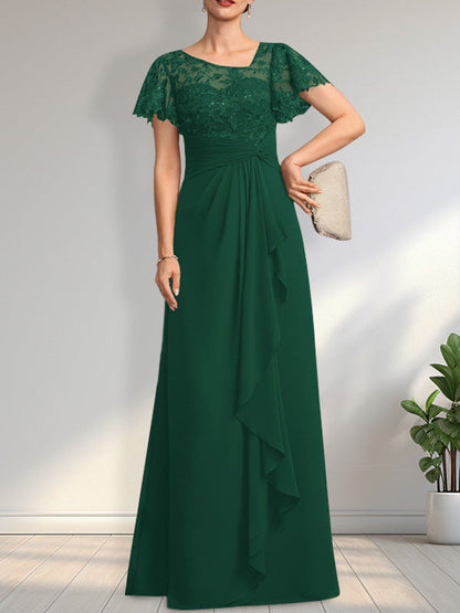 Vestido de madre de la novia de gasa con encaje, ilusión asimétrica, largo hasta el suelo, con volantes en cascada y lentejuelas. 