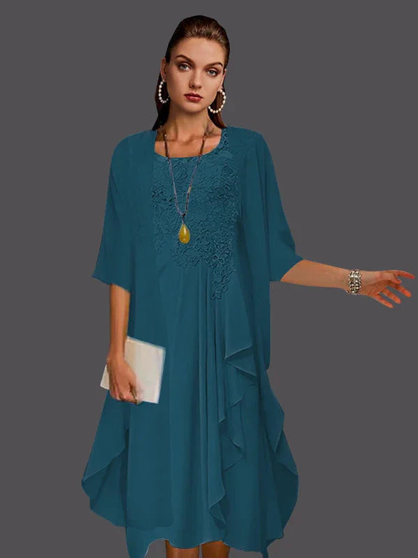 Vestidos de dos piezas con chaqueta sin mangas de encaje de gasa en línea A con pliegues y apliques