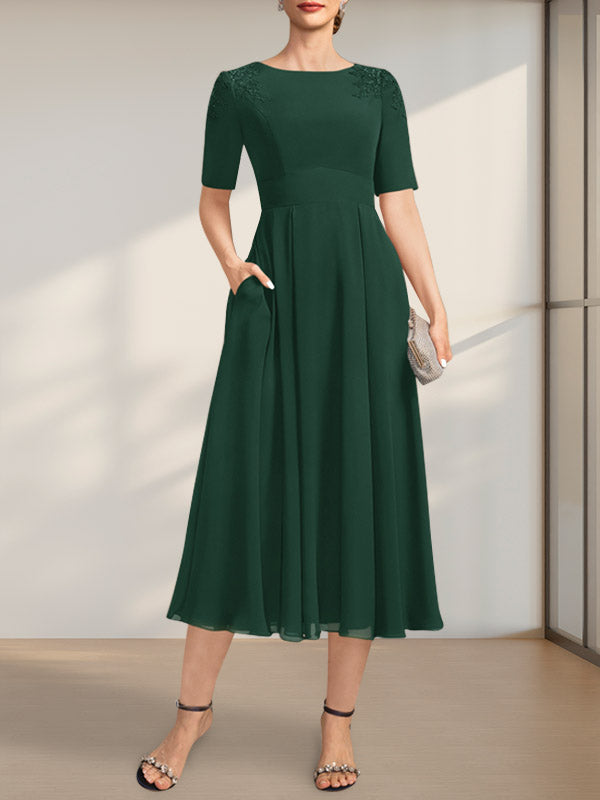 A-Linie U-Ausschnitt Wadenlang Chiffon Kleid für die Brautmutter mit Applikationen Spitze Pailletten