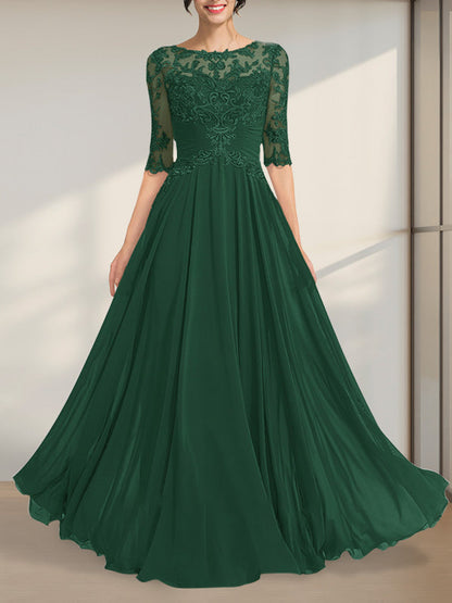 A-Linie, U-Ausschnitt, Illusion, bodenlanges Chiffon-Spitzenkleid für die Brautmutter mit plissierten Pailletten
