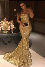 Elegante abito da sera lungo senza spalline con paillettes a sirena