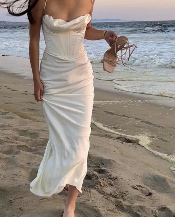 Abito lungo da sera elegante bianco con spalline sottili a sirena, vestito da ballo Y7513