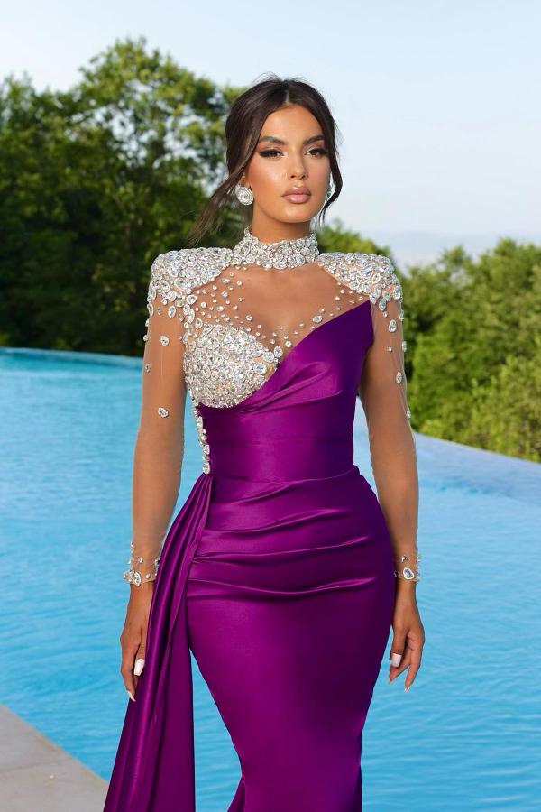 Bmbridal Purple Long Sleeves Mermaid Ruffle Gown With Crystals