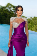 Bmbridal Purple Long Sleeves Mermaid Ruffle Gown With Crystals