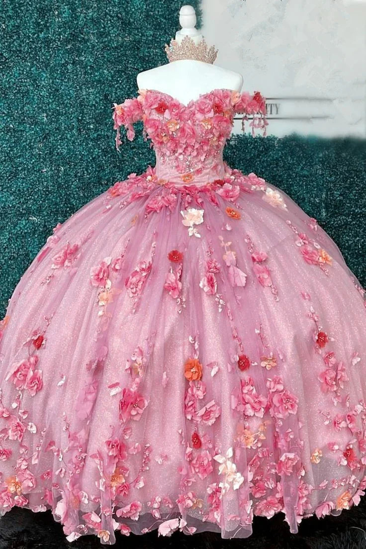 Vestido de baile con escote de hombros descubiertos y flores en 3D, vestido dulce 16 quinceañera Y2633