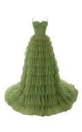 Abito da sera elegante in tulle con spalline sottili, abito da sera verde oliva Y1244