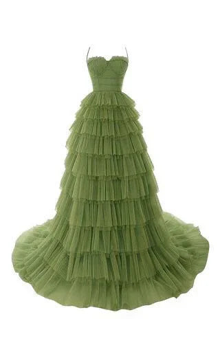 Abito da sera elegante in tulle con spalline sottili, abito da sera verde oliva Y1244