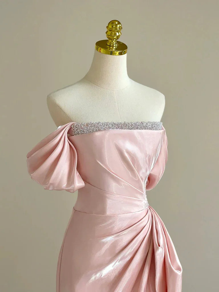 Pretty Off Shoulder Pink Long Prom Dress Formal Evening Dress With Beads Y8049