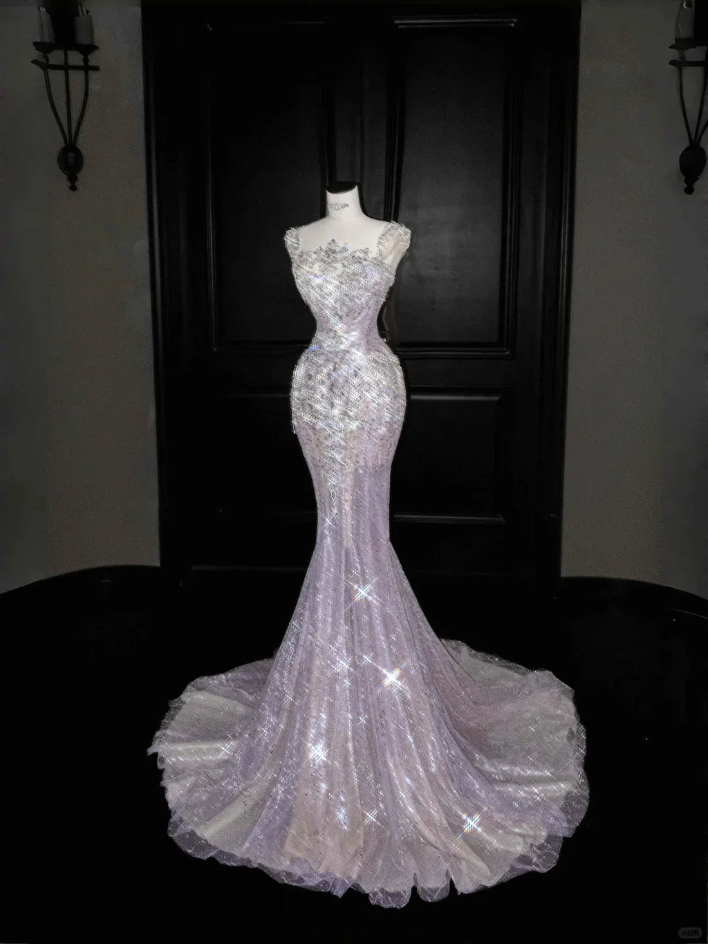 Abito da sera formale a sirena in tulle lavanda incantata con perline Y8669