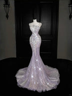 Abito da sera formale a sirena in tulle lavanda incantata con perline Y8669