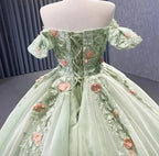 Robe de bal verte matcha à épaules dénudées avec appliques florales, dos à lacets scintillants, pour quinceañera, concours, occasion spéciale, gala Y2190
