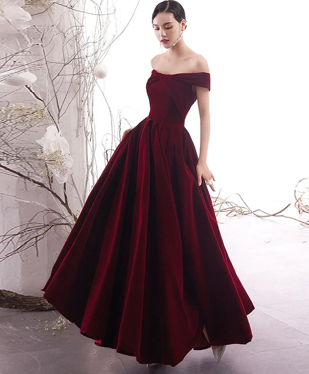 Abito lungo semplice color bordeaux per cerimonia Abito da sera bordeaux Y1428