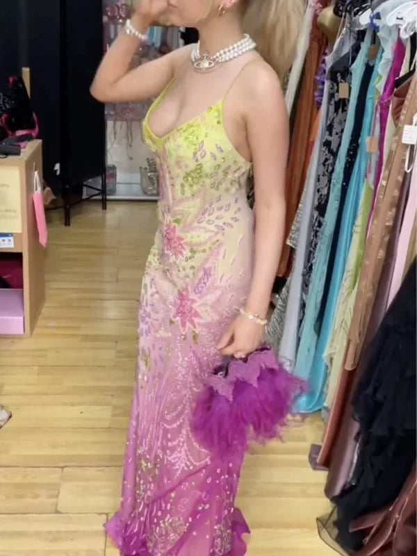 Hermoso vestido largo de noche de gasa con lentejuelas y cuentas Vestido largo de gala Y8295