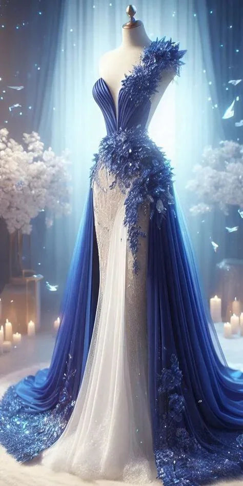 Abito da sera lungo sirena blu con spallina singola in tulle, pizzo, raso e perline Y8335