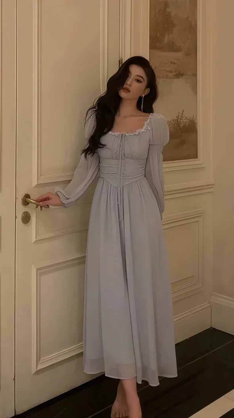 Vestido de Festa Elegante Cinzento em Chiffon com Renda e Mangas Compridas para Baile de Finalistas Y8021