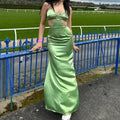 Robe de bal longue en satin vert sexy avec découpes Robe de soirée longue Y8549