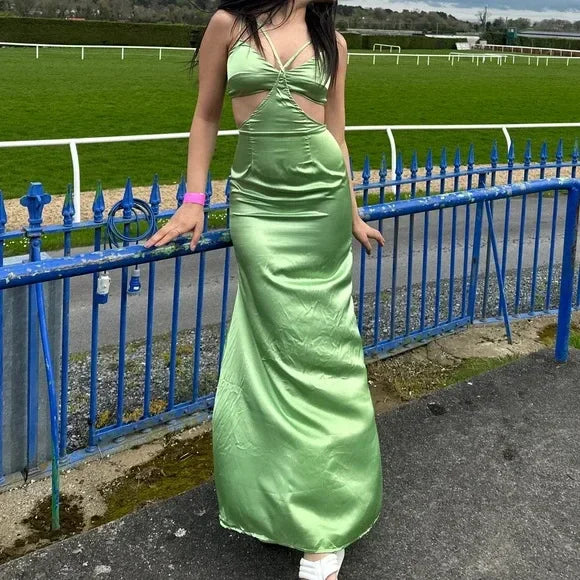 Robe de bal longue en satin vert sexy avec découpes Robe de soirée longue Y8549