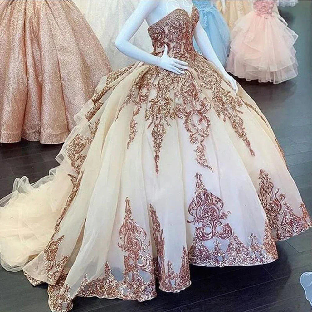Abiti da ballo color oro rosa per dolce sedicesimo e quinceañera con paillettes e applicazioni, scollo a cuore Y401