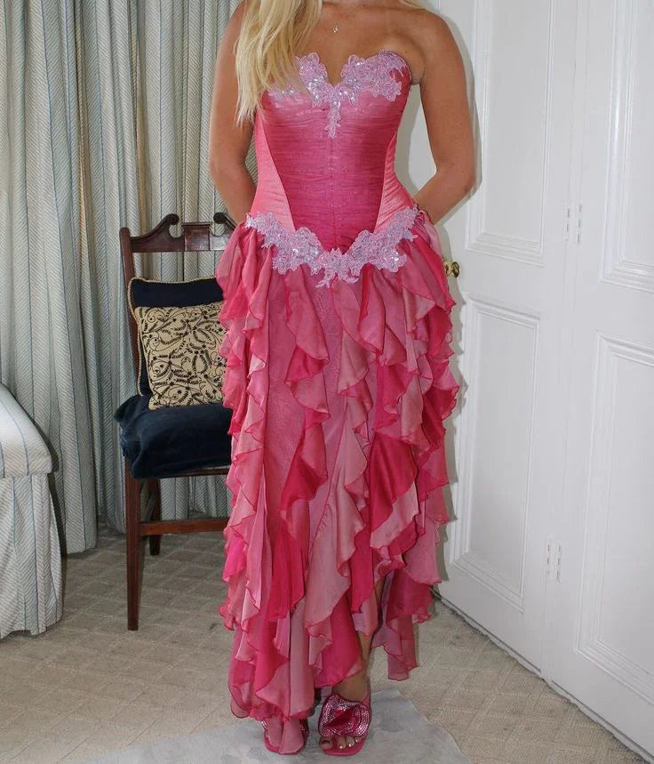 Abito da sera vintage rosa acceso in pizzo e chiffon con balze, senza spalline, abito da ballo Y8252