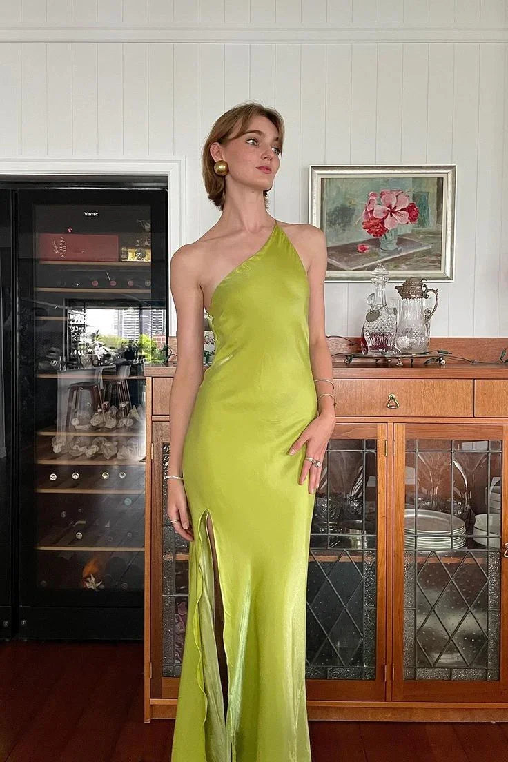Abito lungo elegante verde a guaina con una spalla, da festa, con spacco e schiena scoperta, abito da sera Y8550