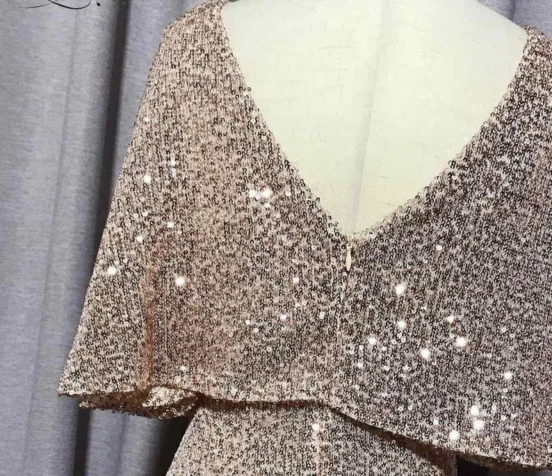 Abito da sera con scollo a V sexy e maniche corte a sirena, elegante abito da festa formale con maniche a pipistrello scintillanti Y1390