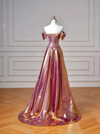 Elegante abito da sera lungo viola in raso con perline, stile sirena, scollatura a spalle scoperte Y8605