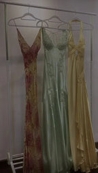 Elegant Yellow Halter Satin Beaded Prom Dress Slit Mermaid Party Evening Dress Y8426
