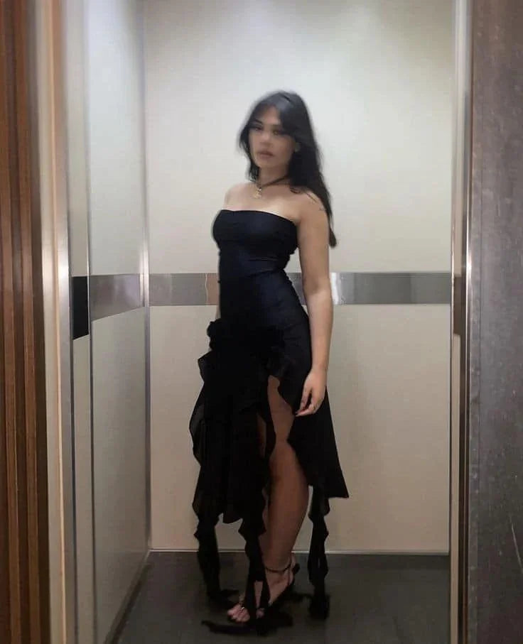 Vestido de Festa Preto Justo com Folhos, Sem Alças, em Chiffon, Modelo Y7765