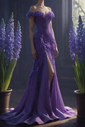 Vestido de Noite Longo Sereia com Fenda e Aplicações em Chiffon Roxo Elegante Vestido de Baile Y8317