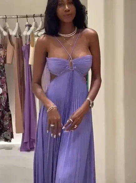 Splendido abito da sera viola a pieghe a linea ad A per ballo Y7419