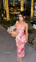 Vestido largo de fiesta y de noche con tirantes finos de satén estampado Y8472