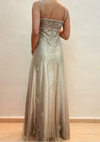 Vestido de fiesta de satén y tul con tirantes finos, cuentas, línea A, para noche Y8139