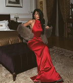 Vestido de noite formal vermelho encantador, justo, sem mangas, em cetim, para baile Y8209