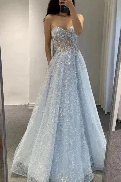 Abito lungo da sera in tulle con paillettes blu glitter, scollo a cuore dolce, abito da ballo svasato sexy Y1391