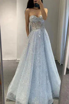 Abito lungo da sera in tulle con paillettes blu glitter, scollo a cuore dolce, abito da ballo svasato sexy Y1391