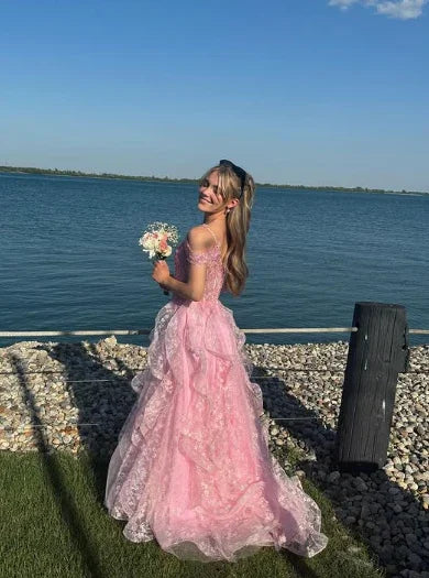 Vestido largo de fiesta rosa con hombros descubiertos, encaje esponjoso y apliques florales, vestido de noche Y7846