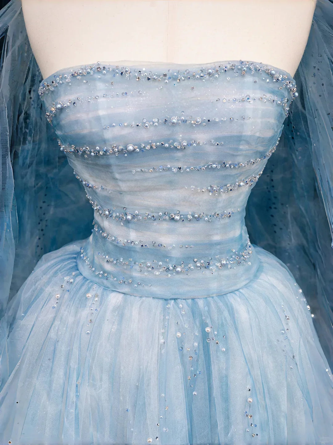 Vestido de baile longo azul sonho em tule com contas, corte em linha A, vestido de noite longo Y8691
