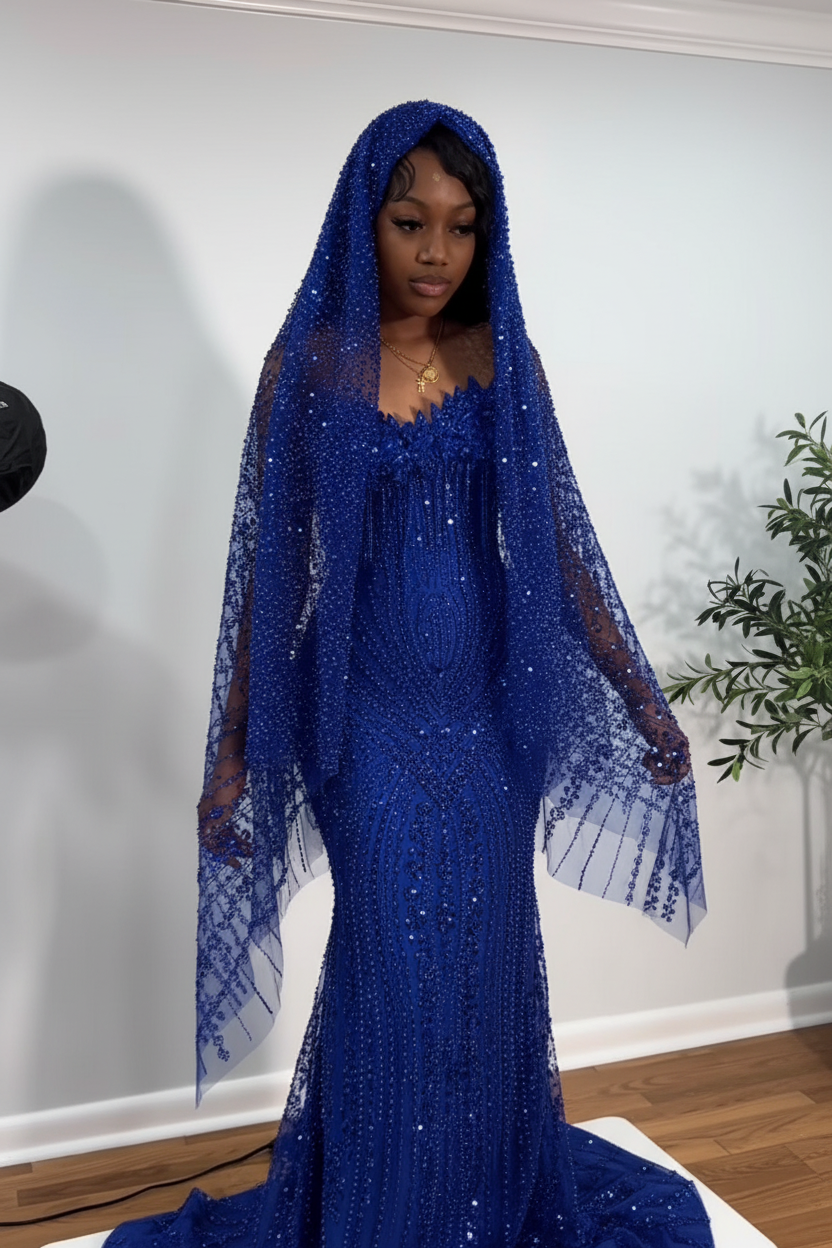 Ruby Heiress Hand Beaded Crimson Mermaid Gown With Crystal Encrusted Hooded Veil