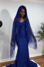 Ruby Heiress Hand Beaded Crimson Mermaid Gown With Crystal Encrusted Hooded Veil