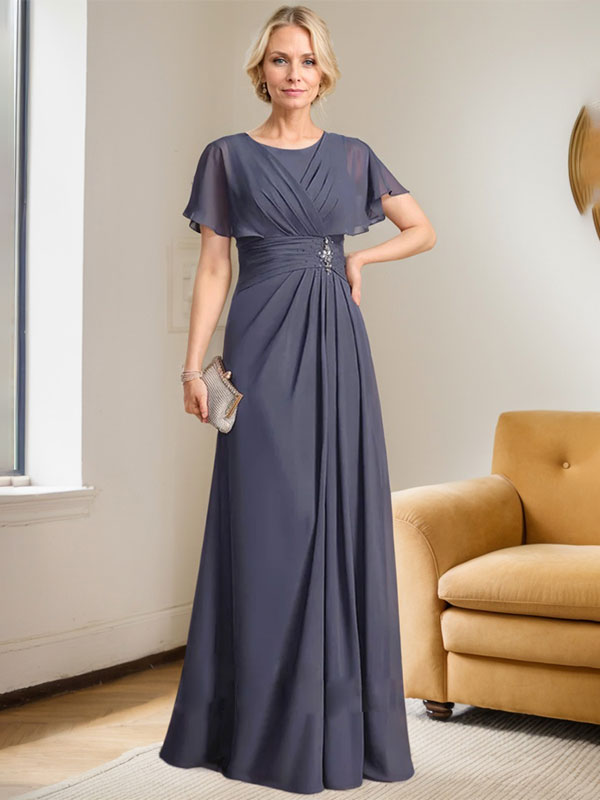 Robe de mère de la mariée en mousseline, longueur au sol, en ligne A, décolleté arrondi, ornée de perles plissées
