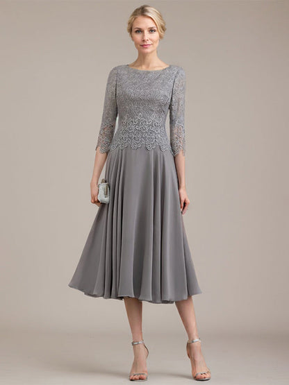 A-Linie U-Ausschnitt Wadenlang Chiffon-Kleid für die Brautmutter 