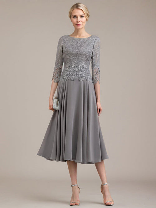 Abito da madre della sposa in chiffon di pizzo, linea a trapezio, scollatura a U, lunghezza tè