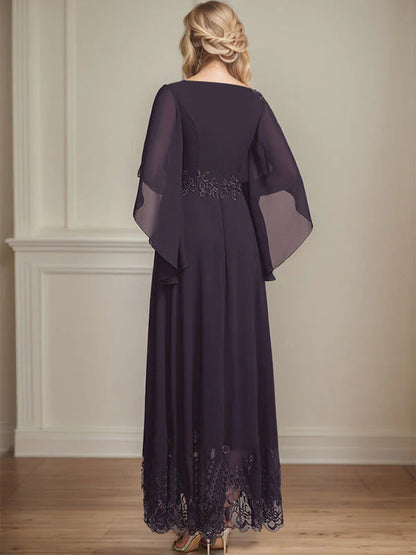 A-Linie, U-Ausschnitt, Illusion, knöchellang, Spitzen-Chiffon, Kleid für die Brautmutter mit Pailletten 