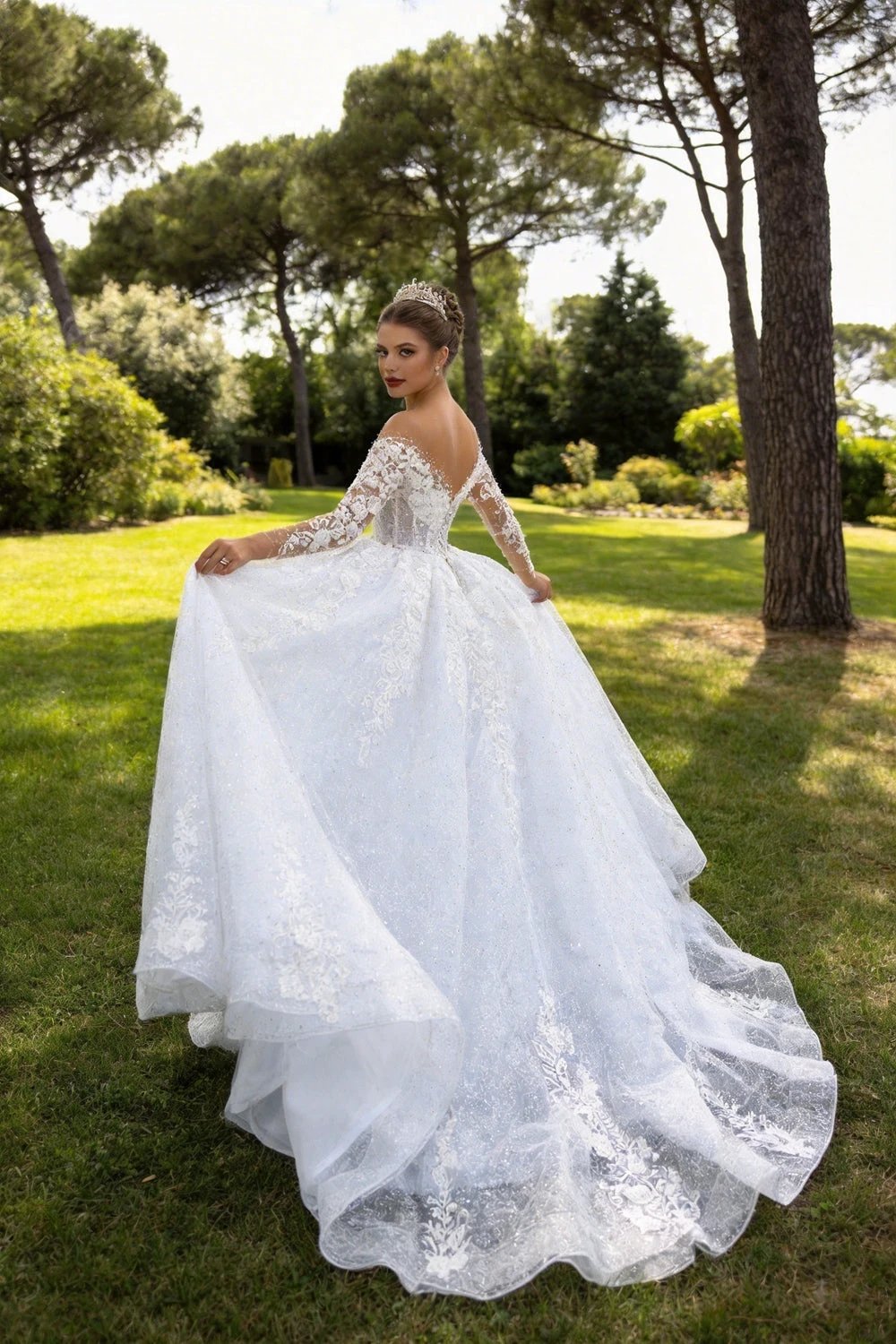 2025 Luxury Muslim Wedding Dress Women's Elegant Long Sleeve Lace Applique A-line Dress Beach Wedding Princess Party O-Neck Brid WD001 by payinti
